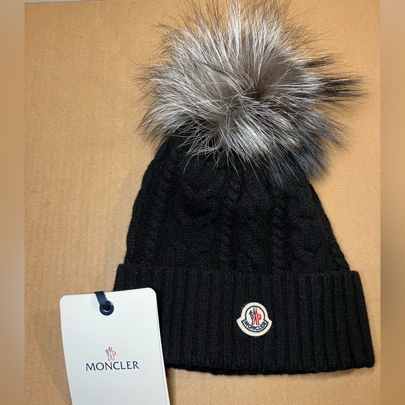 Moncler Black Knit Beanie with Fur Pom - Picture 1 of 6